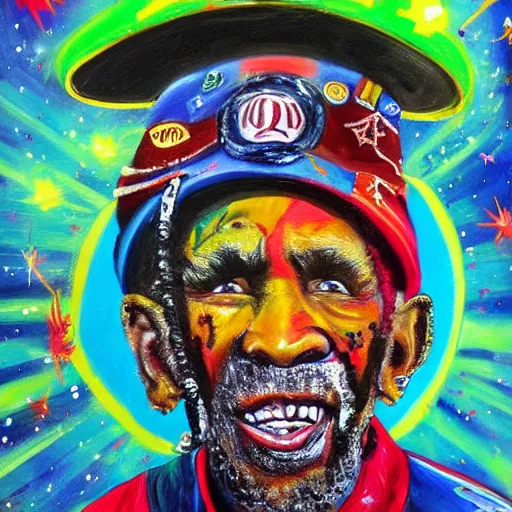 Prompt: a messy painting of Lee Scratch Perry in space. Trending on ArtStation