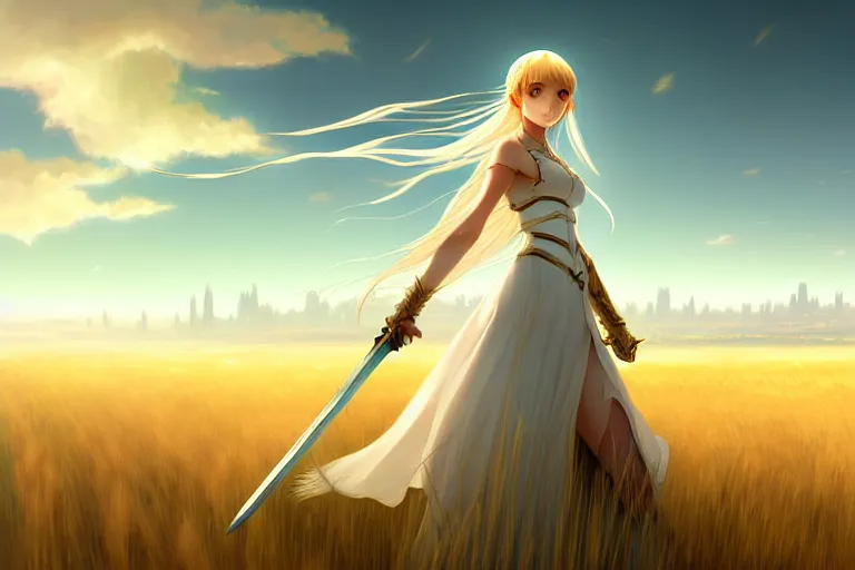 Prompt: wlop's legendary, beautiful digital painting of saber lily standing in a field of wheat, facing the far - off city to the west | artstation, cgsociety, deviantart