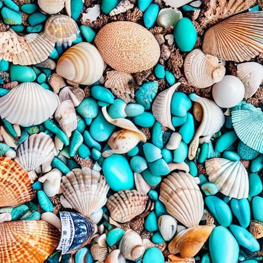 Prompt: a beach full of shells and turquoise sea color, high detail, realistic, art lighting, award wining photo