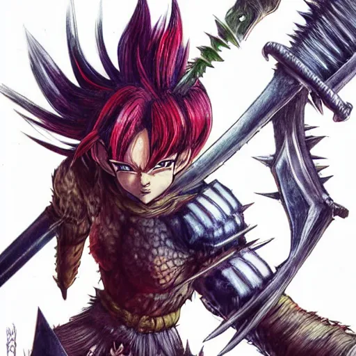 Image similar to realistic art style, saiyan girl, wild spiky red hair, long spiky hair, electrified hair, holding scimitar made of bone, scimitar, sword, jagged sword, curved sword, orkish sword, colorized, gray skin, hyper - detailed, primeval fantasy, prehistoric fantasy, drawn by frank frazetta