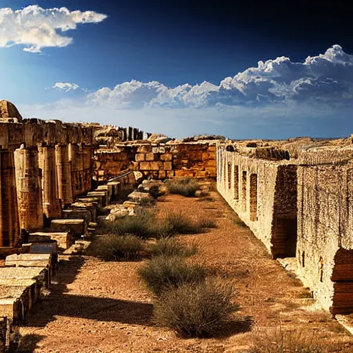 Prompt: Sprawling view of ancient Greek city walls in a searing desert; digital art