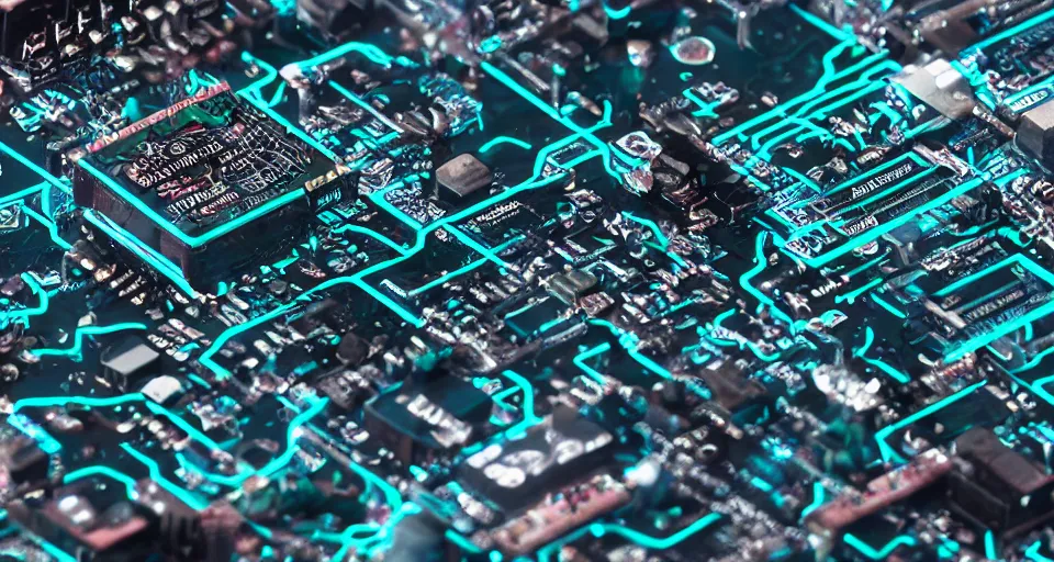 Image similar to close - up render of a fantasy motherboard circuit made and powered by crystalline circuitry. trending on artstation.