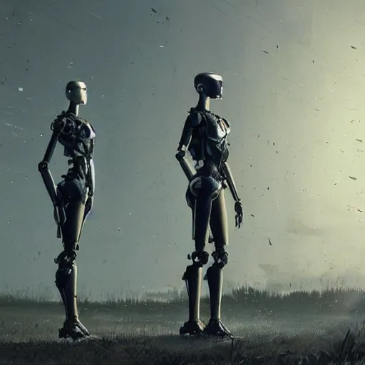 Prompt: Beautiful cinematic scene of two damaged humanoid robots like in Ex Machina (2014) standing near an abandoned gas station, post apocalyptic, at night, peaceful, science fiction, award-winning, cinematic lighting, insanely detailed, very realistic, Artstation, Cgsociety, by Simon Stalenhag, directed by Denis Villeneuve, filmic