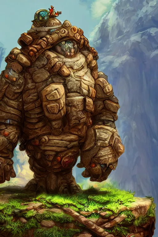 Image similar to zelda fantasy art giant golem troll wood rock greeble gemstone, global illumination ray tracing hdr fanart arstation by sung choi and eric pfeiffer and gabriel garza and casper konefal