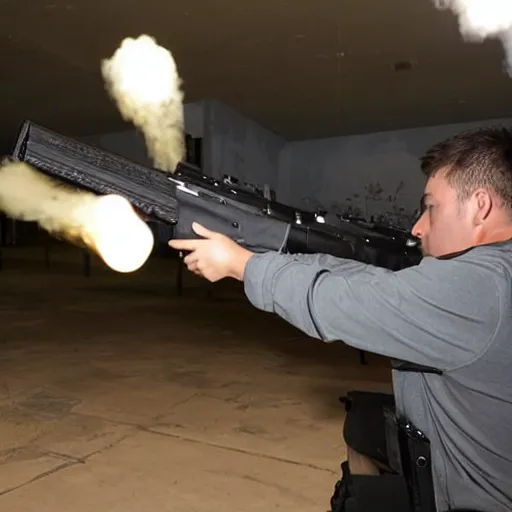 Image similar to a man shooting a machine gun in a shooting range, guns blazing, muzzle flashes showing