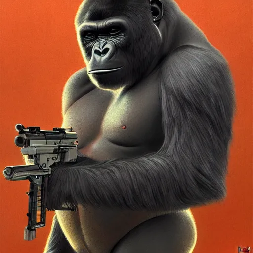 Prompt: detailed science - fiction character portrait of a gorilla with a gun, wild, highly detailed, digital painting, artstation, concept art, smooth, sharp focus, illustration, art by artgerm and greg rutkowski and alphonse mucha