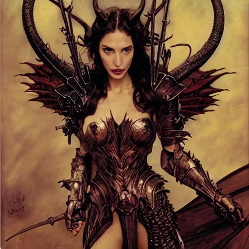 Image similar to head and shoulders portrait of an armored erinyes devil with huge bat wings, portrayed by gal gadot, d & d, fantasy, luis royo, magali villeneuve, donato giancola, wlop, krenz cushart, hans zatka, klimt, alphonse mucha