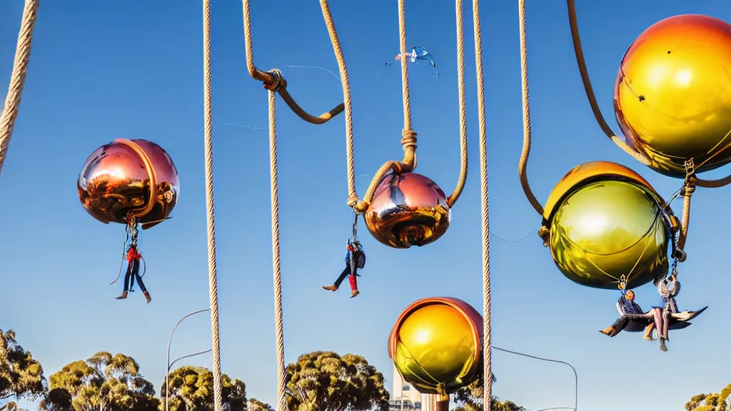 Prompt: large colorful futuristic space age metallic steampunk balloons with pipework and electrical wiring around the outside, and people on rope swings underneath, flying high over the beautiful adelaide city landscape, professional photography, 8 0 mm telephoto lens, realistic, detailed, photorealistic, photojournalism