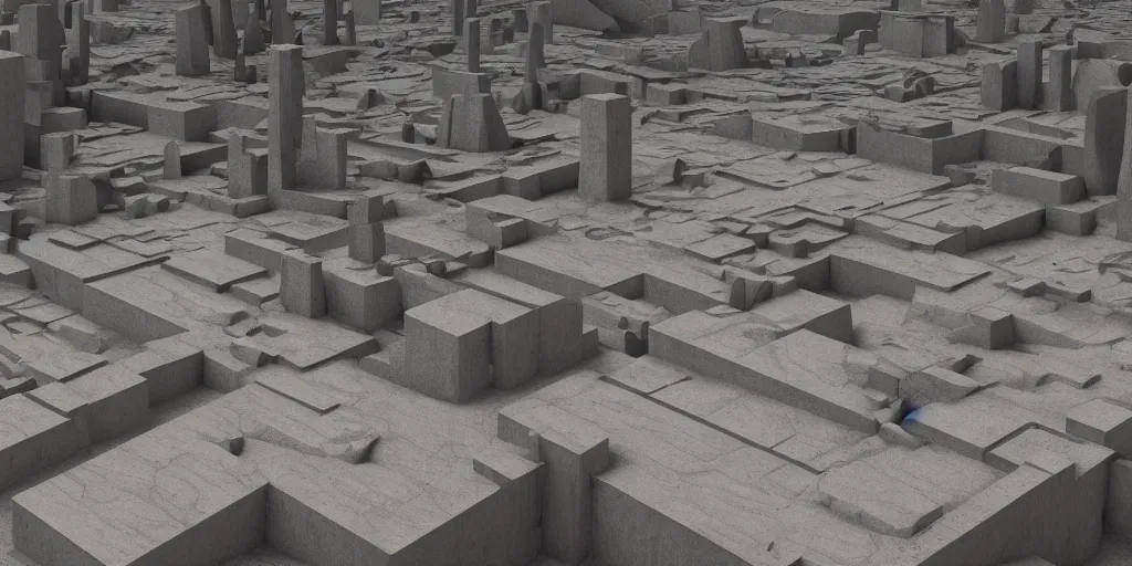 Image similar to 3d painted landscape with a small brutalism monument in the center by james jean, redshift, octane