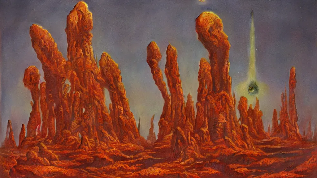 Prompt: mysterious sculpture of an alien civilization by paul lehr and john schoenherr, cinematic matte painting