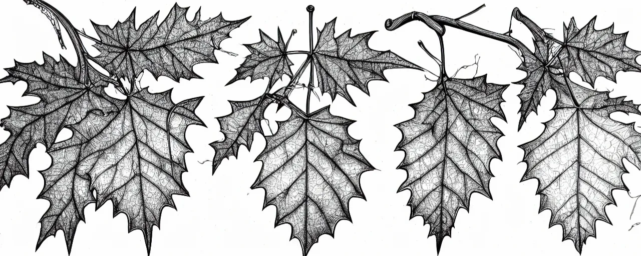 Prompt: a full page schematic diagram illustration of a vine leaf and an oak acorn, ultra detailed, 4 k, intricate, encyclopedia illustration, fine inking lines