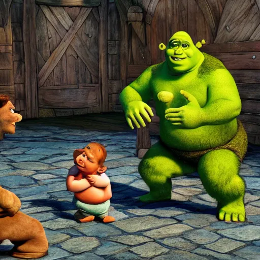 Prompt: Shrek getting beaten up by toddlers