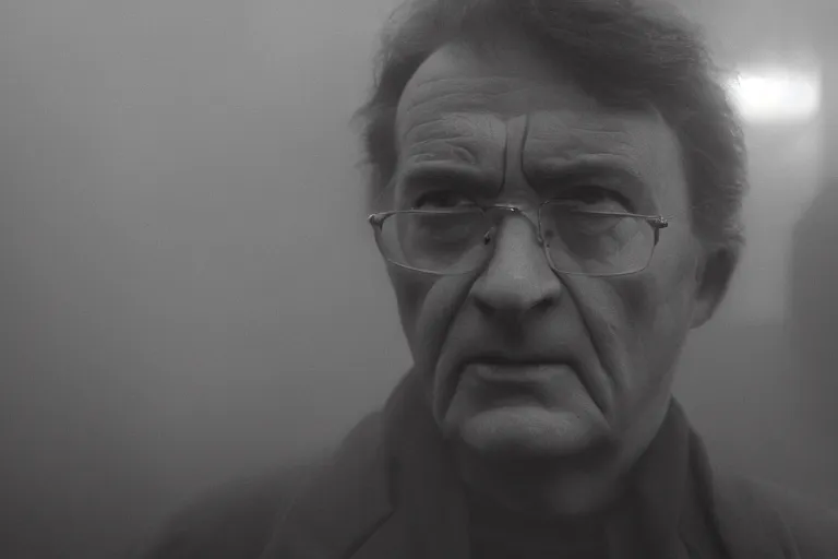 Image similar to an ultra realistic cinematic headshot portrait of an evil scientist, stood outside a corner shop, foggy, detailed, deep focus, movie still, dramatic lighting, by fay godwin