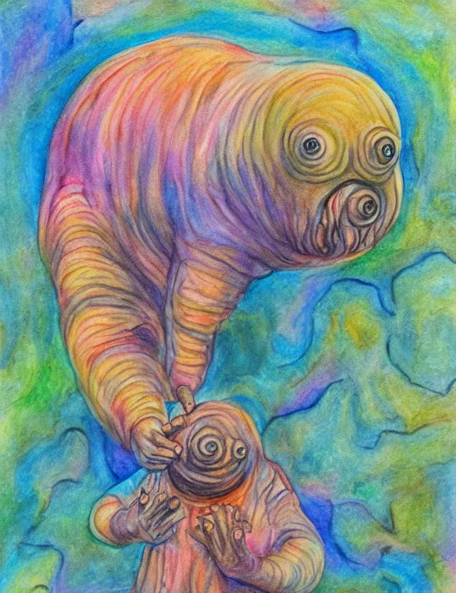 Prompt: tardigrade goddess, soft shading, dynamic lighting, watercolor and colored pencils, religious and spiritual themes