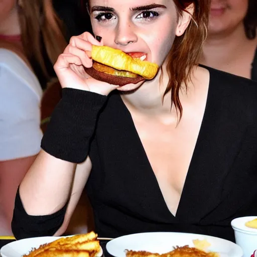 Image similar to Emma Watson eating a cheeseburger, photo realistic, award-winning, highly-detailed, epic, cinematic, dramatic