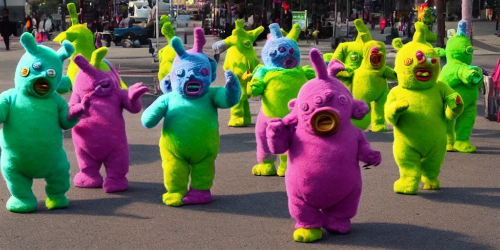Prompt: zombie teletubbies attacking people
