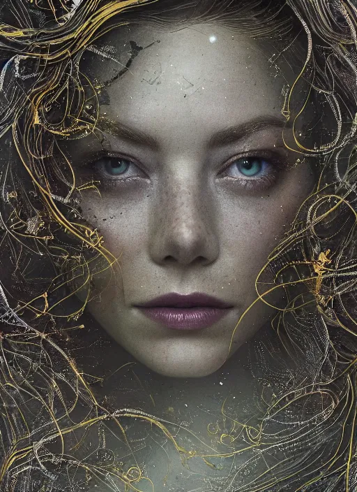 Prompt: glowing silver and golden elements, full close-up portrait, mixture of Emma Stone and Ryan Gosling as a dark witch, book cover, green forest, white moon, red lips, establishing shot, extremly high detail, photo-realistic, cinematic lighting, pen and ink, intricate line drawings, by Yoshitaka Amano, Ruan Jia, Kentaro Miura, Artgerm, post processed, concept art, artstation, matte painting, style by eddie, raphael lacoste, alex ross