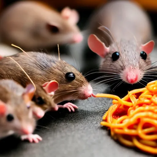 Prompt: a group of mice stealing spaghetti from a man at a restaurant, close up, dslr