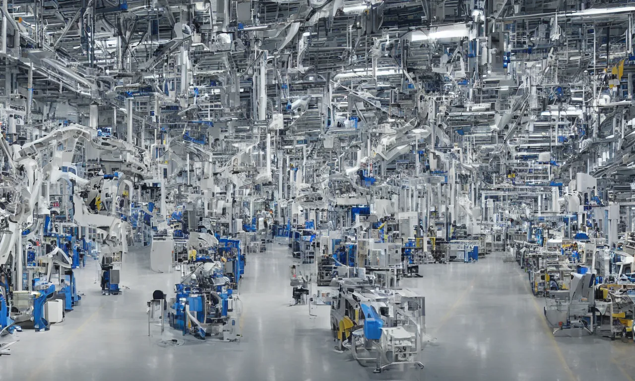 Prompt: modern factory with production line with robotic arms, in a row, big hall, white, bright, technology, symmetry, clean, straight on, straight camera view