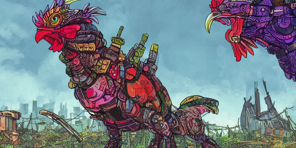 Prompt: colorful illustration of a fully armoured fighting rooster kaiju in a solarpunk farm, mix of styles, dieselpunk, ghost in the shell color scheme