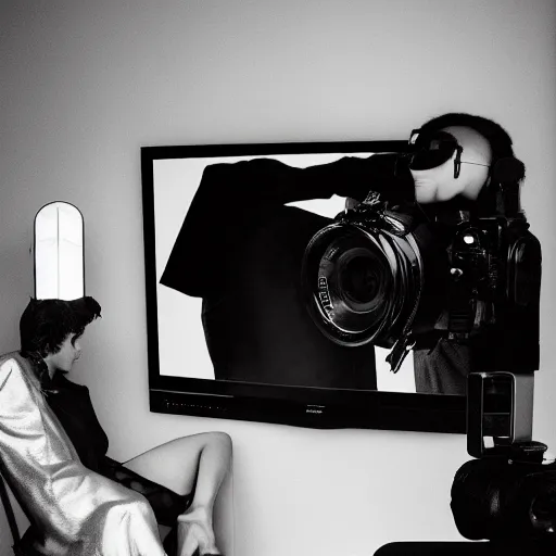 Prompt: medium format photograph of a surreal fashion shoot in the living room of a house with the tv on, camera flash