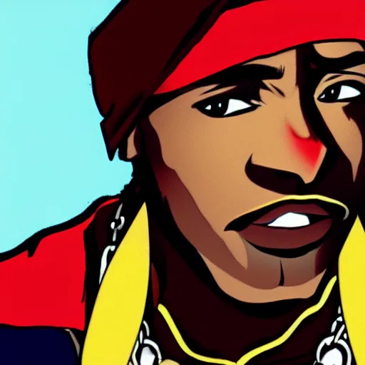 Image similar to Tupac Shakur, screenshot from a 2012s anime