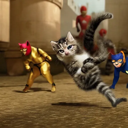 Image similar to a team of kitten superheroes fighting off a hoard of ninja monkeys, ultra realistic, cinematic, 8k, movie still