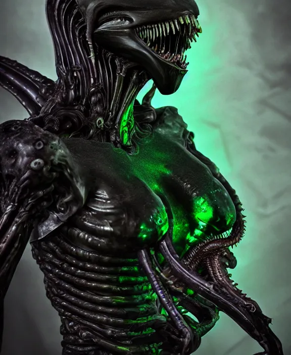 Image similar to xenomorph queen goth model hybrid, dragon eggs, dark emerald mist colors, giger background liminal void, cinematic lighting, realistic, award winning photograph, various refining methods, micro macro autofocus