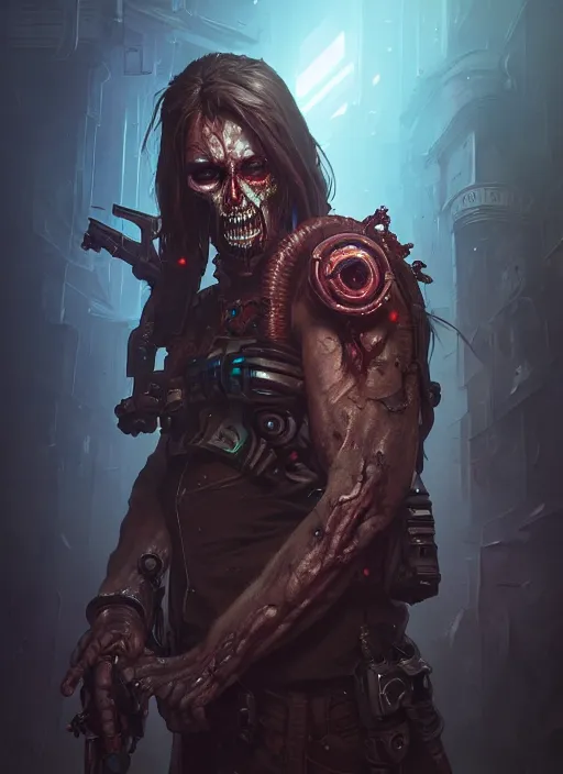 Image similar to cyberpunk male zombie, deep focus, d & d, fantasy, intricate, elegant, highly detailed, digital painting, artstation, concept art, matte, sharp focus, illustration, hearthstone, art by artgerm and greg rutkowski and alphonse mucha