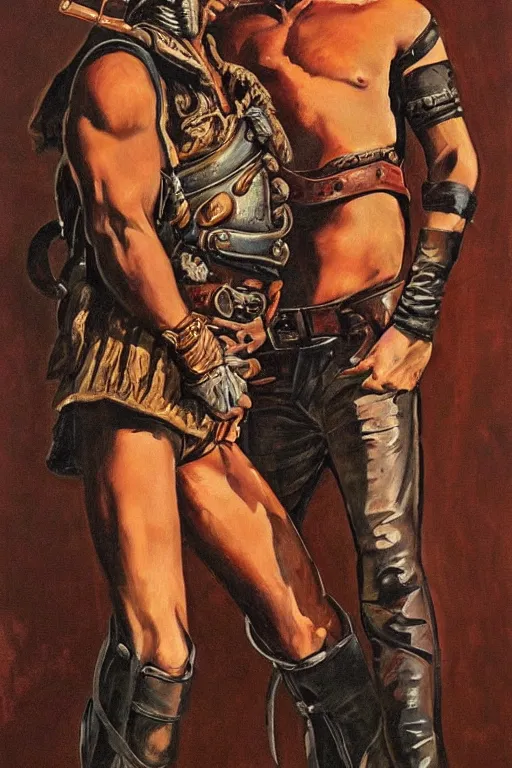 Prompt: an dramatic homoerotic painting of a handsome mustachioed shirtless cowboy with a bandolier and revolvers | he is wearing pauldrons, and leather pants | red desert mesa background at twilight, ground littered with bullet casings | by bill ward, by tom of finland, by clyde aspevig, by thomas moran | trending on artstation