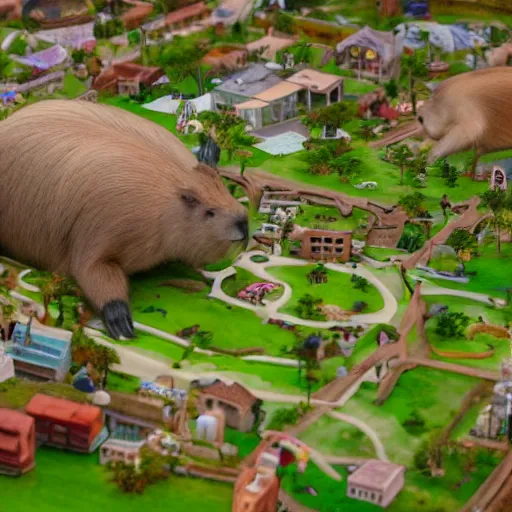 Image similar to A very oversized capybara is sitting on the middle of a miniature city. Shot from far away, detailed.