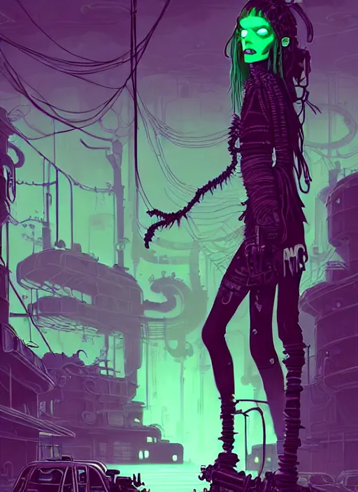 Prompt: highly detailed portrait of an moody wasteland punk long dripping green poison hair tribal lady, stray wiring by atey ghailan, james gilleard, by joe fenton, by greg rutkowski, by greg tocchini, by kaethe butcher, 4 k resolution, gradient purple, brown black and white color scheme!!! ( ( green flaming robotic sewer background ) )