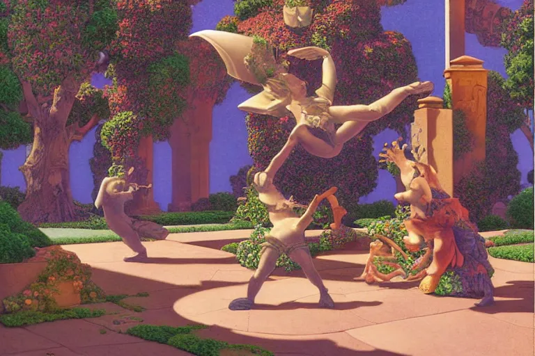 Image similar to a fantasy courtyard scene with dancing frogs, digital painting by maxfield parrish and michael whelan, photorealistic