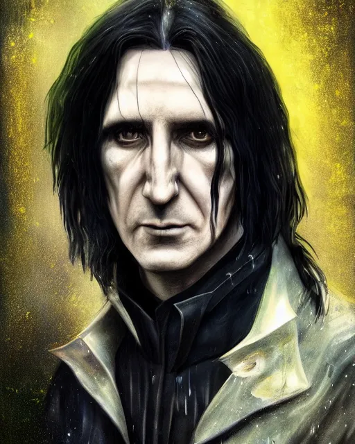 Prompt: An epic fantasy comic book style portrait painting of a very imposing Industrial goth Trent Reznor as Severus Snape in the rain, wet hair, neon reflections, character design by Mark Ryden and Pixar and Hayao Miyazaki, unreal 5, DAZ, hyperrealistic, octane render, cosplay, RPG portrait, dynamic lighting, intricate detail, cinematic