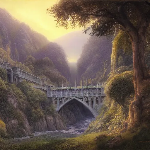 Prompt: Rivendell in the evening, detailed matte painting, Alan Lee, Artstation