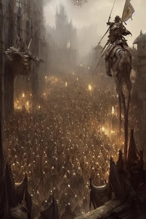 Image similar to medieval parade of knights, holiday, by wlop, by luis royo, by peter mohrbacher, concept art, digital illustration, intricate, masterpiece, elegant, super detailed, unreal engine rendering, smooth, sharp focus, artstation hq