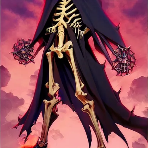 Image similar to Tall skeleton overlord, covered with royal robes, magic caster, wide shoulders, evil aura, full body shot, anime style, AINZ, 90's modern art, art by artgerm and greg rutkowski and alphonse mucha