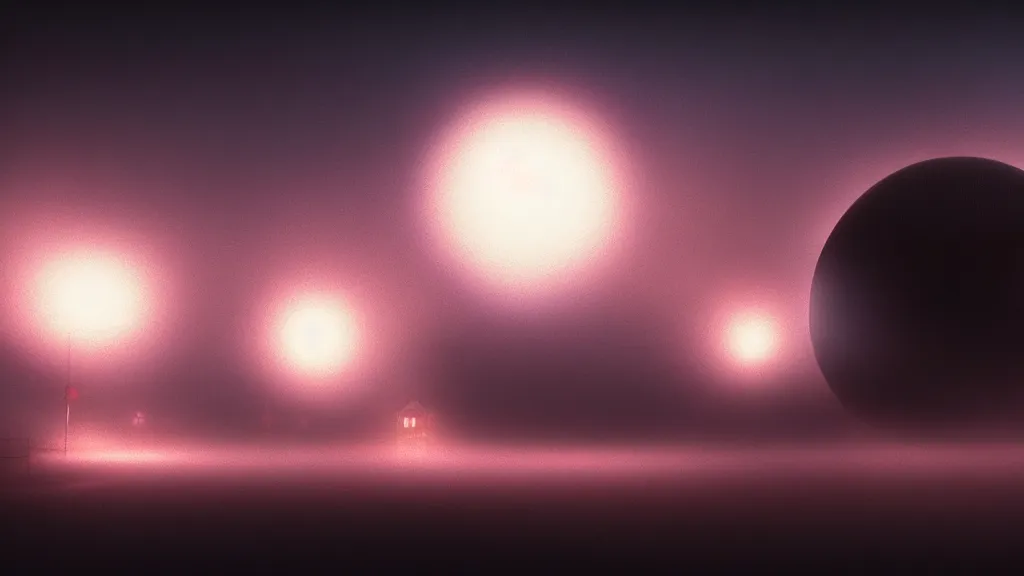 Image similar to thin luminous threads stretch from a black sphere that is in the sky above a small village with many houses in the fog, fog, volumetric lighting, mystique, atmospheric, sharp focus, ultra detailed, ross tran, thierry doizon, kai carpenter, ignacio fernandez rios, noir art house, 4 k, 3 5 mm