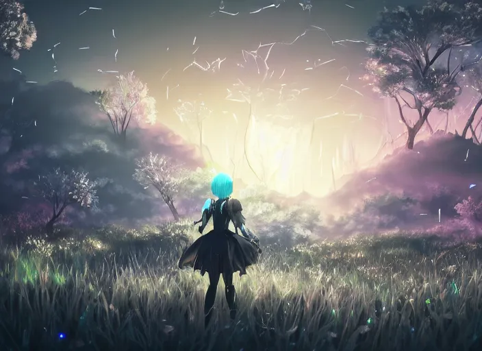 Image similar to scenery artwork, scene luminous, bioluminescent acrylic and cold nier automata pixiv scenery artwork : nature dream wire vegetation magic density infinite, macro seminal dream points of icy, frozen vaporwave shards tempted to turn into a dream scenery, high quality topical render, nier automata, concept art