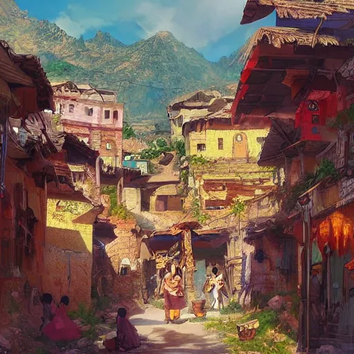 Image similar to colorful Kurdish village, anime, a fantasy digital painting by Greg Rutkowski and James Gurney, trending on Artstation, highly detailed