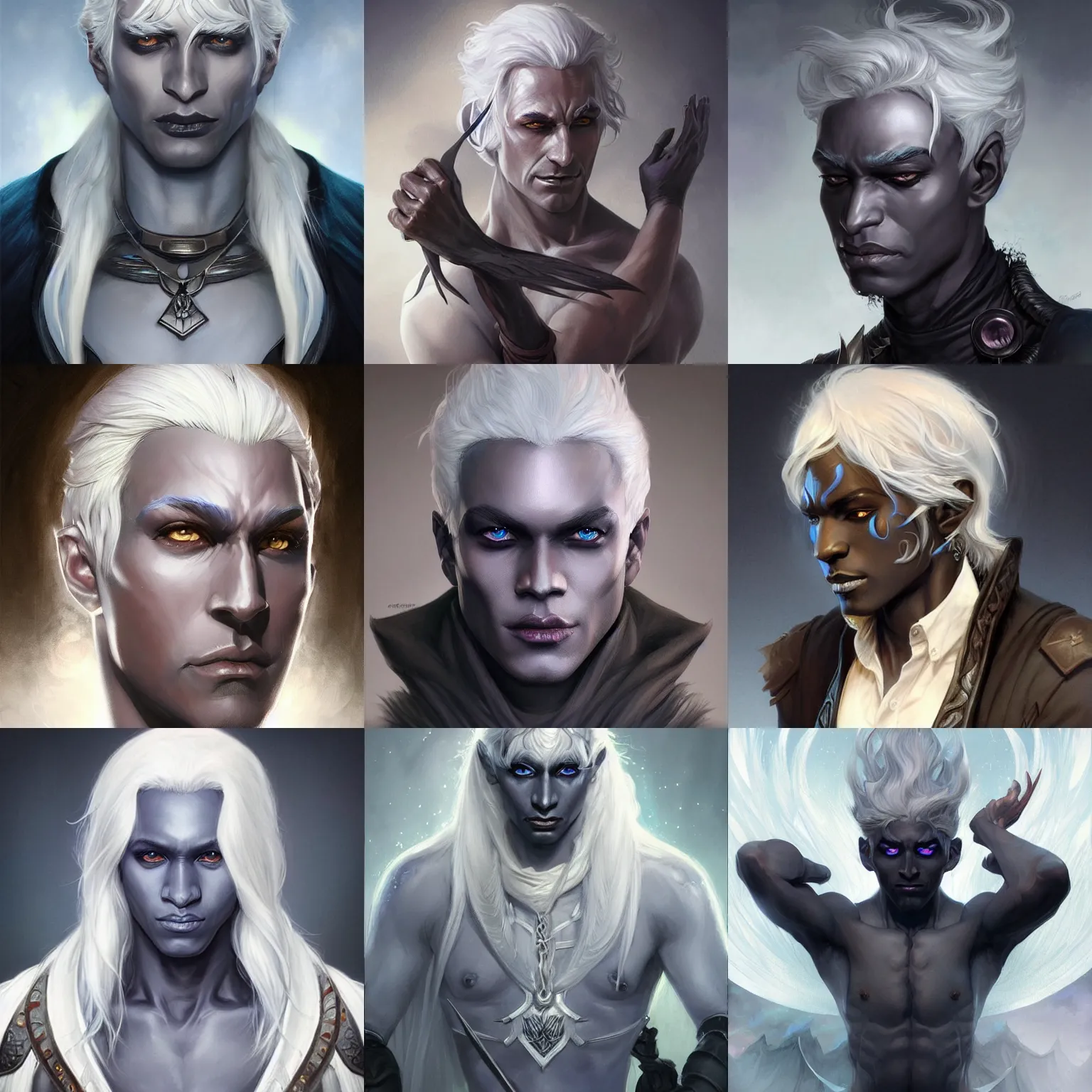 Prompt: male drow, obsidian skin, white hair, D&D, fantasy, portrait, highly detailed, digital painting, artstation, concept art, sharp focus, illustration, art by artgerm and greg rutkowski and magali villeneuve and alphonse mucha