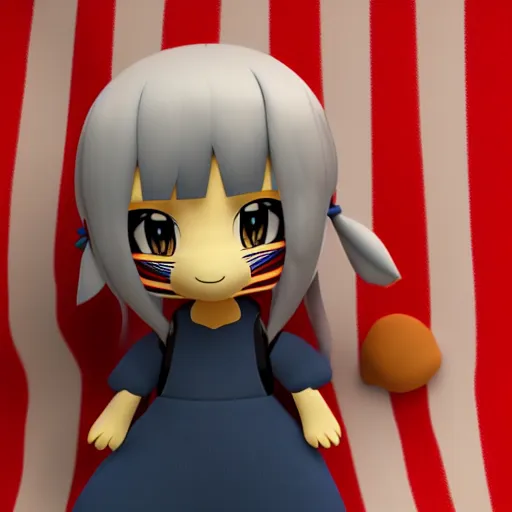 Prompt: cute fumo plush of a girl with a distinctive character silhouette, red stripes, cel shaded pbr, vray