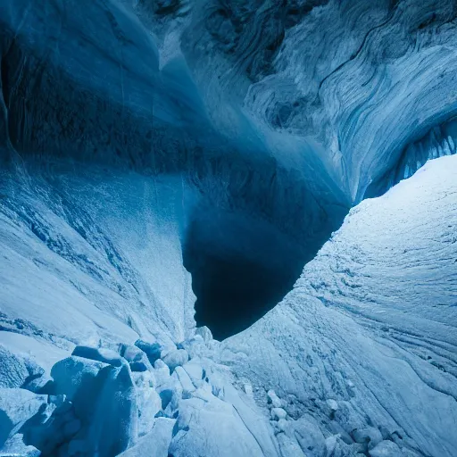 Image similar to deep dark glacier cave, faint blue glow,