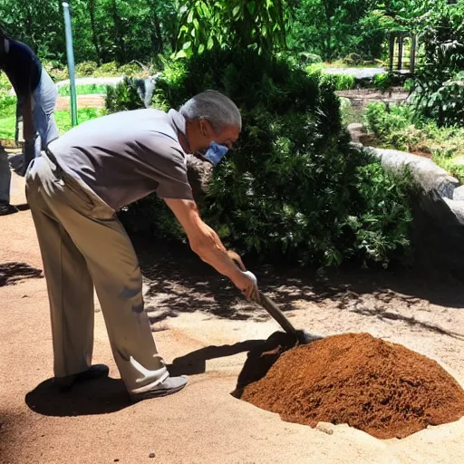 Image similar to a photo of Anthony Fauci shoveling elephant poop at the zoo, he is dressed in a tan uniform