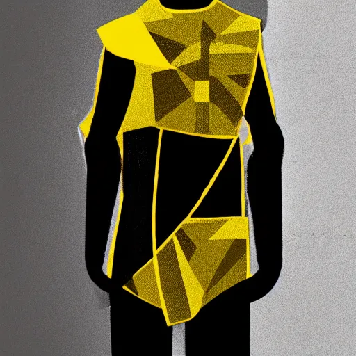 Image similar to brutalist fashion incorporating black and yellow, fashion show, studio lighting, concept art