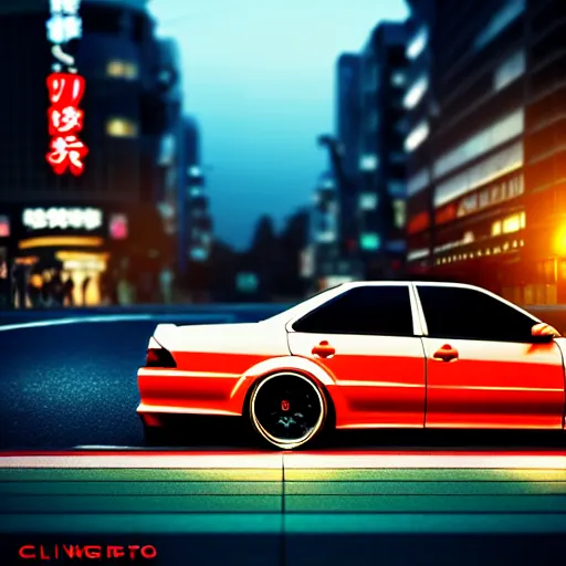 Image similar to a car drifting JZX100 in middle of road, shibuya prefecture, city sunset, cinematic color, photorealistic, highly detailed, bokeh, octane render