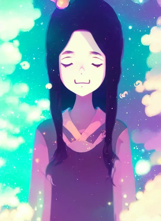 Image similar to portrait of a very cute girl blowing a vape cloud of psychedelic galaxies, smoke made of stars, white background, illustration concept art anime key visual, very trippy and abstract, trending pixiv fanbox by wlop and greg rutkowski and makoto shinkai and studio ghibli and kyoto animation