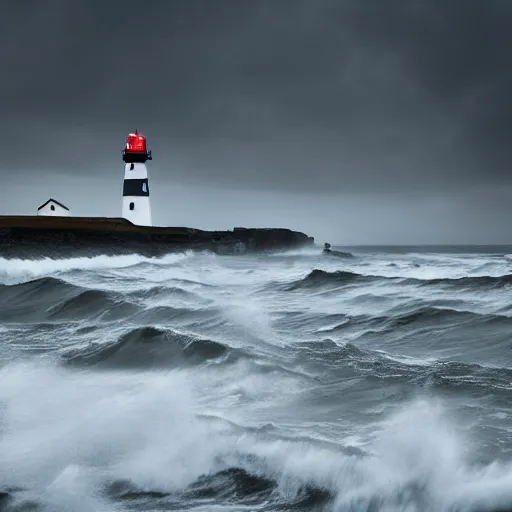 Image similar to award winning photograph of a lighthouse being battered by stormy seas, dark, moody, cinematic, 8k