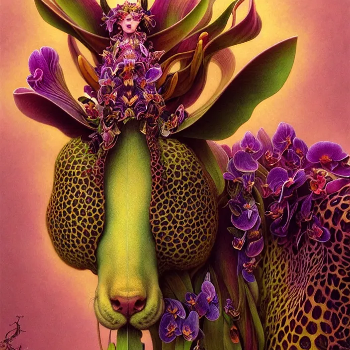 Image similar to psychedelic animal made of orchid, diffuse lighting, fantasy, intricate, elegant, highly detailed, lifelike, photorealistic, digital painting, artstation, illustration, concept art, smooth, sharp focus, art by John Collier and Albert Aublet and Krenz Cushart and Artem Demura and Alphonse Mucha