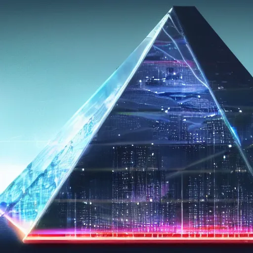 Image similar to a hyper realistic picture of a cyberpunk pyramid with multiple lights coming out of it